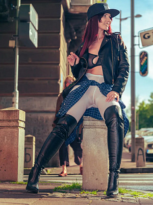Jeny in White Pantyhose Outdoors - image 6